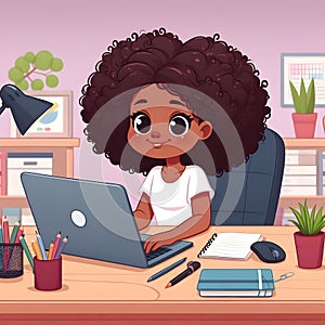 Animated Young Girl With Curly Hair Using a Laptop at a Cozy Home Office Desk