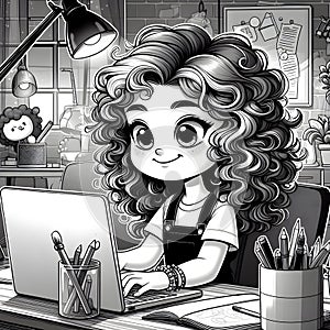 Animated Young Girl With Curly Hair Using a Laptop at a Cozy Home Office Desk