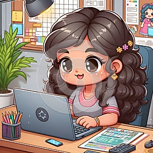 Animated Young Girl With Curly Hair Using a Laptop at a Cozy Home Office Desk