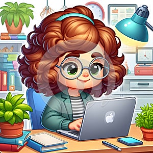 Animated Young Girl With Curly Hair Using a Laptop at a Cozy Home Office Desk