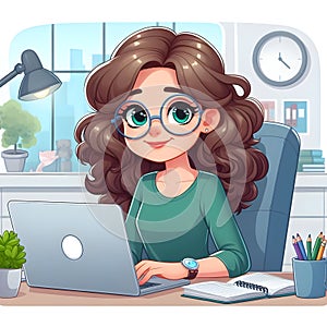 Animated Young Girl With Curly Hair Using a Laptop at a Cozy Home Office Desk