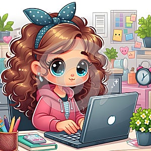 Animated Young Girl With Curly Hair Using a Laptop at a Cozy Home Office Desk