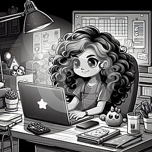 Animated Young Girl With Curly Hair Using a Laptop at a Cozy Home Office Desk