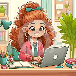 Animated Young Girl With Curly Hair Using a Laptop at a Cozy Home Office Desk