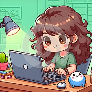 Animated Young Girl With Curly Hair Using a Laptop at a Cozy Home Office Desk