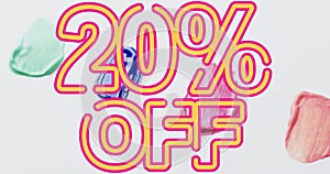 Animation of 20 percent off text in orange over coloured paint dabs on white