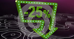 Animation of 25 percent and green arrow sign on white lines in background