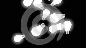 Animation of 3d flying lamps on black background. Abstract CGI motion graphics and flying bulbs. Rising lamps or bulbs