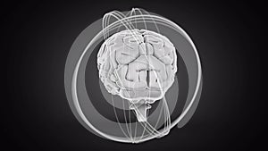 Animation of 3d human brain rotating on black background.