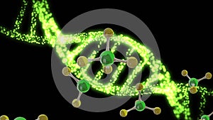 Animation of 3d micro of molecules and dna strand on black background