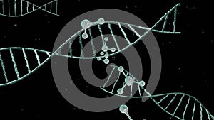 Animation of 3d micro of molecules and dna strands on black background