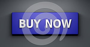 Animation 3d render: Buy Now button. On the website of the online store. Remote online shopping from home with a credit