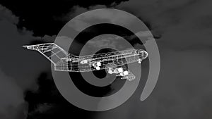 Animation of 3d technical drawing of model of aeroplane and clouds background