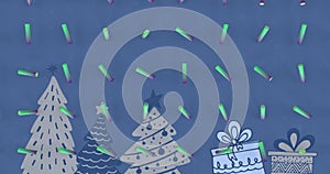 Animation of abstract blue shapes in seamless pattern against christmas tree and gifts icons