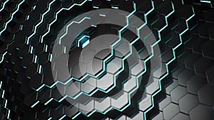 Animation abstract futuristic hexagons moving up, down. Polygon surface with luminous hexagon in the center, hexagonal