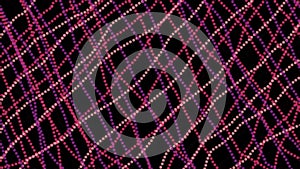 Animation abstract, pink, red and purple chains flying and waving on black background. Dotted curves in vivid colors.