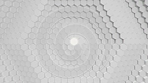 Animation abstract white hexagons moving up, down. Polygon surface with luminous hexagon in the center, hexagonal