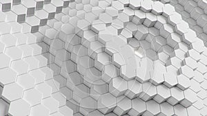 Animation abstract white hexagons moving up, down. Polygon surface with luminous hexagon in the center, hexagonal