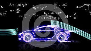 Animation aerodynamics theory and physics mathematical formula equation with car model with doodle