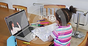 Animation of afican american girl having online lessons on laptop