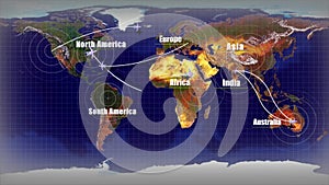 Animation of aircraft flights to different parts of the continent.