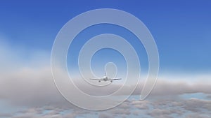 Animation of airplane flying above clouds - front view