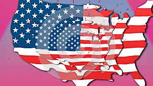 Animation of american flag map of america multiplying and over colourful moving triangles