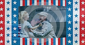 Animation of american flag pattern over caucasian boy running to the soldier
