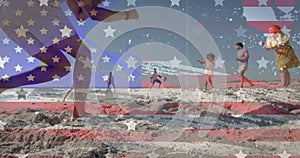 Animation of american flag and texture over happy diverse friends playing football on sunny beach