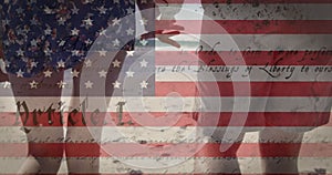 Animation of American flag waving and constitution text over mixed race couple by seaside