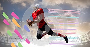 Animation of american football player with ball over sports stadium and colourful splodges