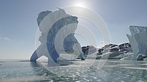 Animation of antarctic landscape with cracked ice and mountains panning