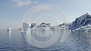 Animation of antarctic landscape with floating ice bricks and mountain range