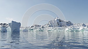Animation of antarctic landscape with floating ice mountains and mountain range