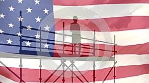 Animation of architect in construction site and scaffolding with american flag