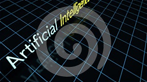 Animation of artificial intelligence over grid on dark background. Global artificial intelligence, cloud computing