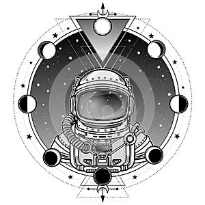 Animation Astronaut in a space suit. A background - the night star sky, phases of the moon.