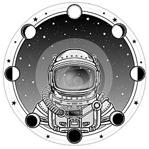 Animation Astronaut in a space suit. A background - the night star sky, phases of the moon.