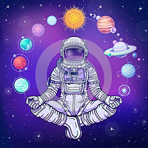 Animation Astronaut in a space suit holds planets of the solar system.