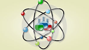 Animation of atom scheme with laboratory flasks