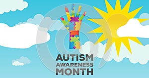 Animation of autism awareness month text and hand formed with puzzles on clouds and sun on blue sky