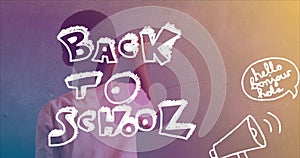Animation of back to school over back view of african american boy writing on blackboard