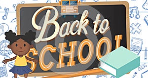 Animation of back to school text over school items icons and board