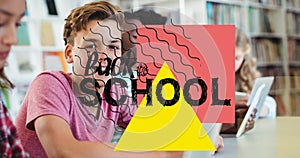 Animation of back to school text over schoolchildren in library