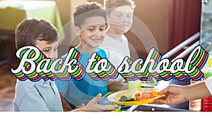 Animation of back to school text over schoolkids in canteen