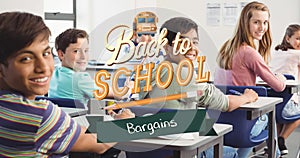 Animation of back to school text over schoolkids in classroom