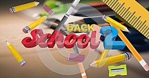 Animation of back to school text and pencil erasor icons aganst close up of pencils and books