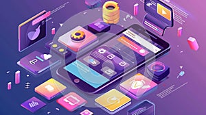 Animation banner with isometric illustration of smartphone with app and hand. Film production, video editing software