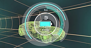 Animation of battery level over electric car project on navy background