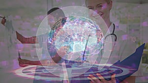 Animation of binary codes and brain with circles over portrait of happy female caucasian doctor